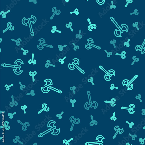Green line Medieval axe icon isolated seamless pattern on blue background. Battle axe  executioner axe. Medieval weapon. Vector.