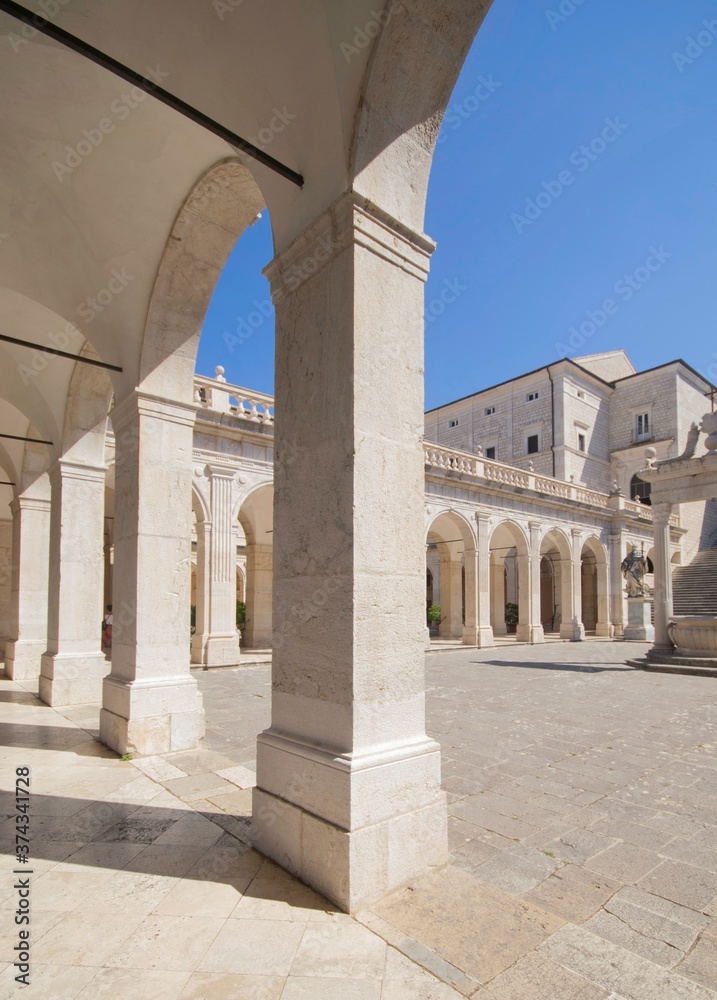 arches of the abbey of st benedict in monte cassino, italy