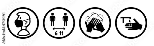 Set of Round Instruction Icons against the Spread of Coronavirus Covid-19, including Wear a Face Mask, Keep Your Distance 6 ft or 6 Feet, Wash Your Hands and Sanitize Your Hands. Vector Image.