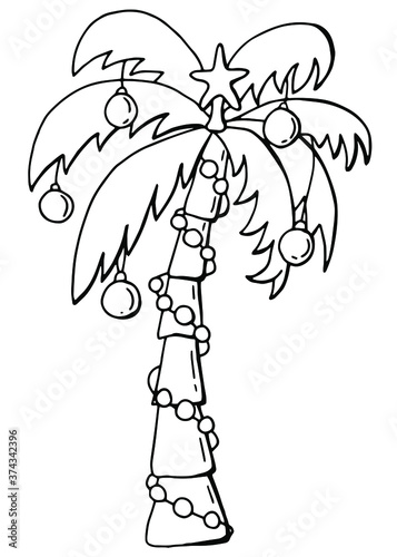 New Year's palm tree. Drawing - coloring. Palm tree decorated with garlands. Line art. White background, isolator. Stock illustration.