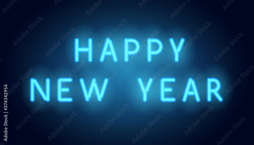 Happy New Year neon lettering. Vector realistic blue neon signboard with greetings