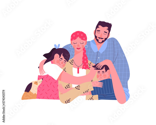 Happy family hugging mom with breast cancer