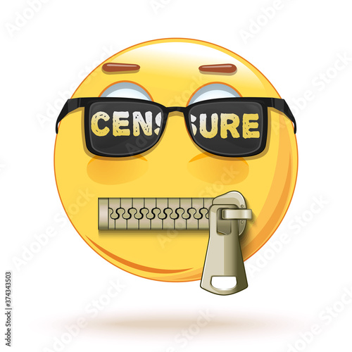 Emoji in sunglasses with the words - censorship. Zipped mouth. Emoticon in goggles. Vector illustration