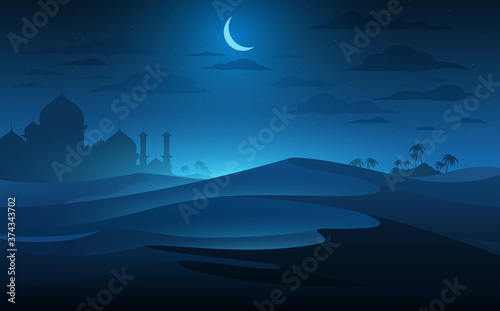 Arabian landscape with blue moon light