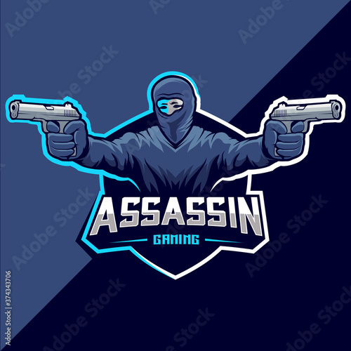 Assassin with gun mascot esport logo design