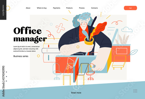 Business topics - office management, web header. Flat style modern outlined vector concept illustration. A woman, office manager, arranging office furniture, plants and computers. Business metaphor.