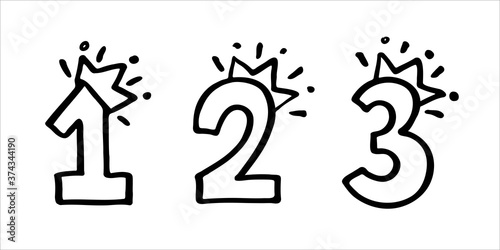 Number 1 2 3 with crown set. Hand drown vector one, two, three. Design for baby birthday little princess or prince party invitation, logo, sticker, greeting card, shirt print. Kids competitions prize