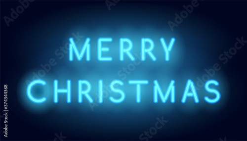 Merry Christmas neon lettering. Vector realistic neon blue glowing signboard
