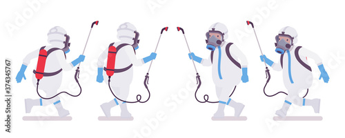 Man wearing disposable coverall running with manual pump sprayer. Worker in a white personal protective hooded apparel with respirator mask, suit Level C. Vector flat style cartoon illustration
