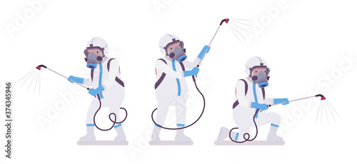 Man wearing disposable coverall, working with manual pump sprayer. Worker in a white personal protective hooded apparel with respirator mask, suit Level C. Vector flat style cartoon illustration