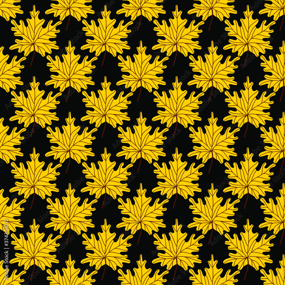 Yellow golden maple leaves seamless pattern.Beautiful autumn pattern with fallen leaves on a black background. Colorful autumn background. Vector illustration in flat style for wrapping paper Yellow golden maple leaves seamless pattern.Beautiful autumn pattern with fallen leaves on a black background. Colorful autumn background. Vector illustration in flat style for wrapping paper