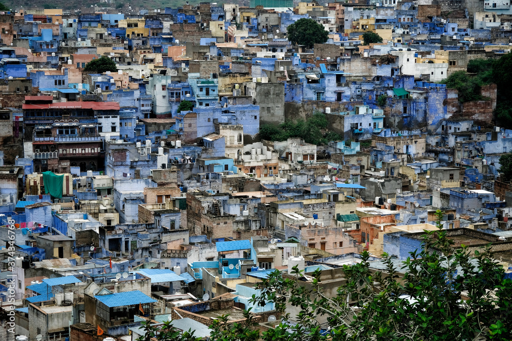 View of the blue painted houses of the city of Jodhpur in Rajasthan, India.