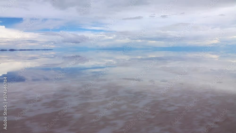 Sideways view of endless horizon and mirror effect of cloudy sky on salt lake Sideways view of endless horizon and mirror effect of cloudy sky on salt lake