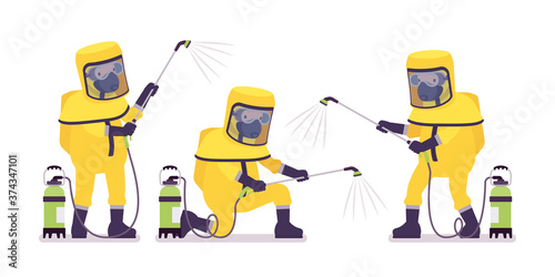 Man wearing yellow hazmat protective clothing with manual pump sprayer. Worker in level A suit, coverall, chemical resistant gloves, inside breathing apparatus. Vector flat style cartoon illustration