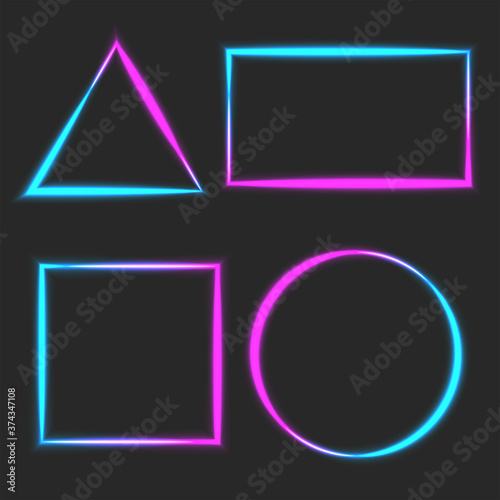 Neon light linear blank frame blue pink line glow, square, rectangular, triangular, round shape border mockup