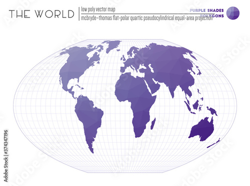 Polygonal world map. McBryde-Thomas flat-polar quartic pseudocylindrical equal-area projection of the world. Purple Shades colored polygons. Contemporary vector illustration.