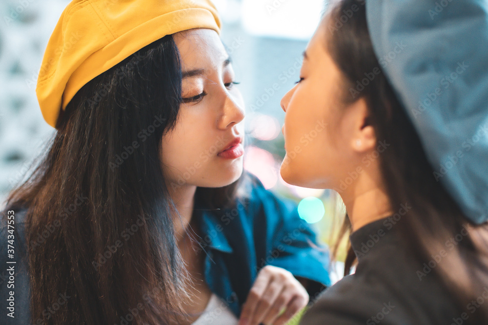 Lgbt Portrait Of Lesbian Couple Asian Women Using Lips Kissing Under Rainbow Clothlesbian