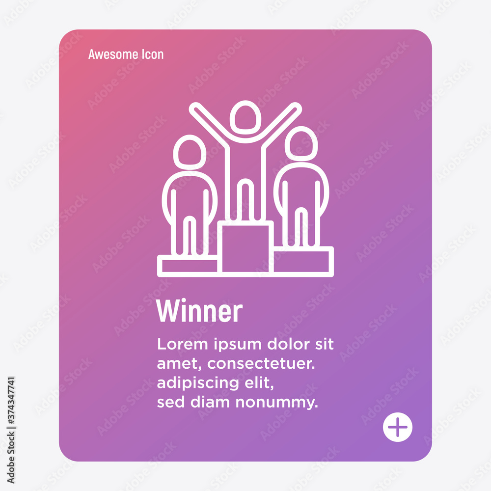 Fototapeta premium Winner at podium thin line icon. Champion, leader, achievement of goal. Vector illustration.