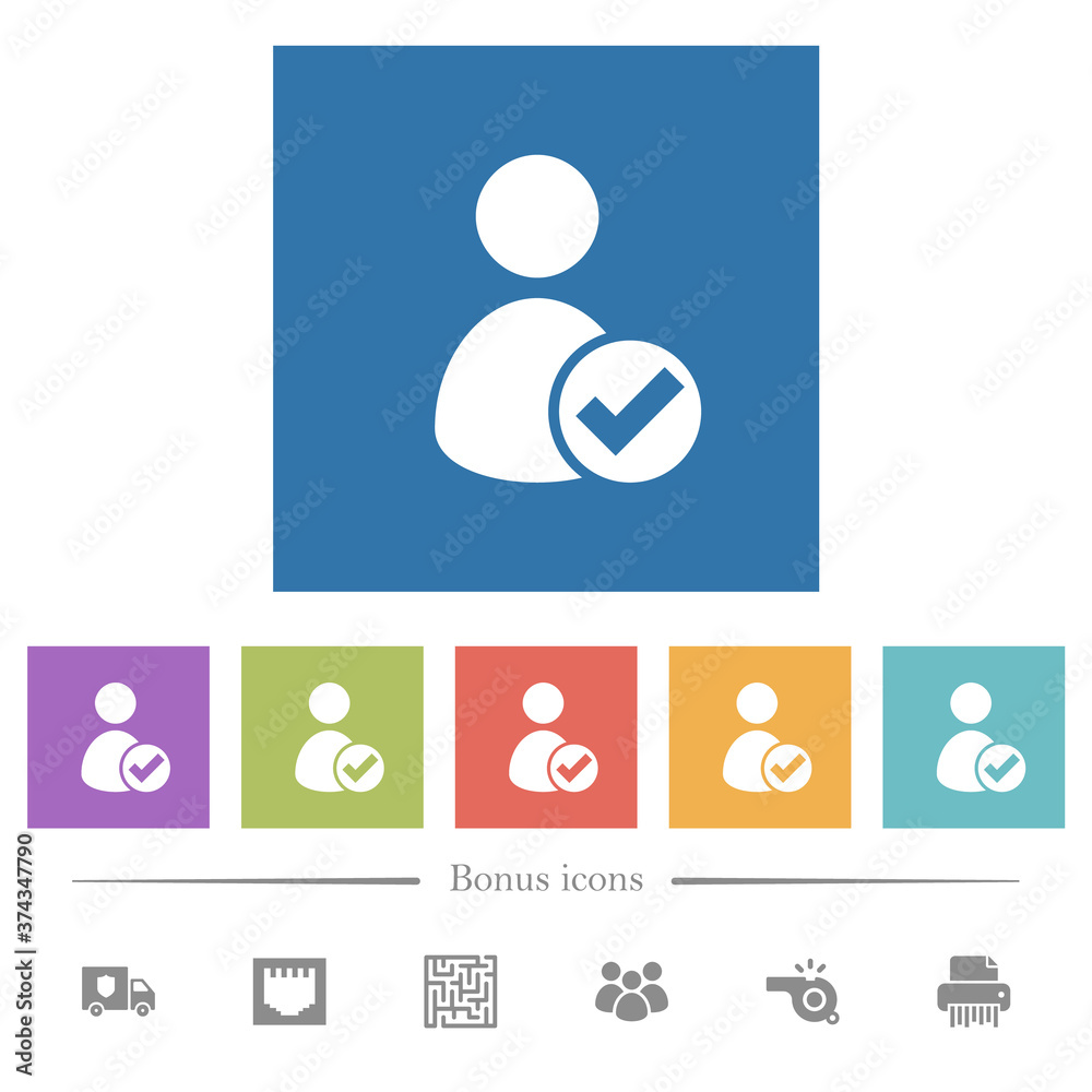 User account accepted flat white icons in square backgrounds User account accepted flat white icons in square backgrounds