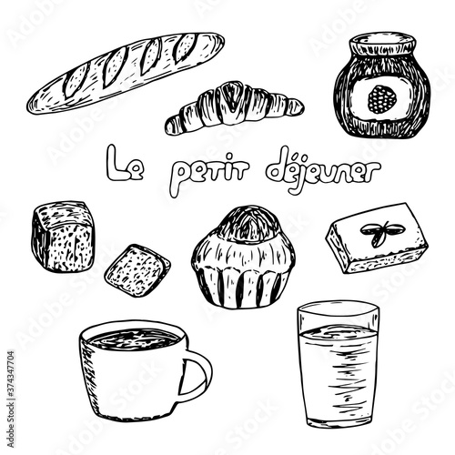 French Breakfast set, vector illustration, croissant, brioche, baguette, bread, coffee, juice, jam, hand drawing