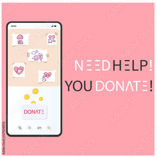 Donate online in smartphone app. Make donation. Charity interface.Volunteering concepts.Charitable foundation page.Mobile UI design vector element