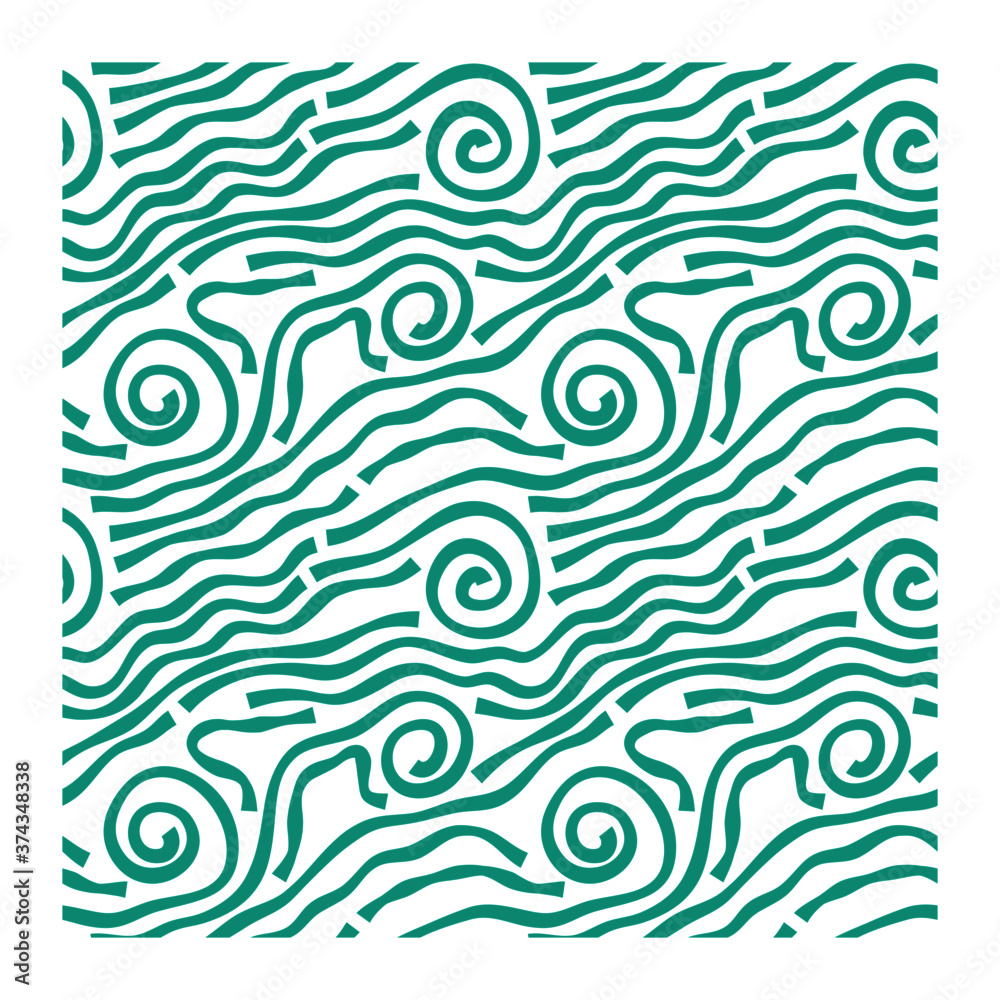 Horizontal seamless pattern of turquoise swirling waves with blunt ends. Design for backdrops with sea, rivers or water texture. Repeating texture. 