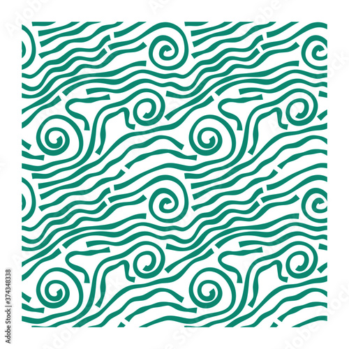 Horizontal seamless pattern of turquoise swirling waves with blunt ends. Design for backdrops with sea, rivers or water texture. Repeating texture. 