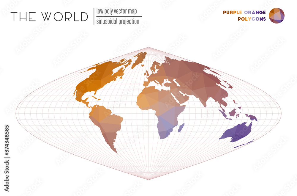 Polygonal map of the world. Sinusoidal projection of the world. Purple and orange colored polygons. Amazing vector illustration. Polygonal map of the world. Sinusoidal projection of the world. Purple and orange colored polygons. Amazing vector illustration.