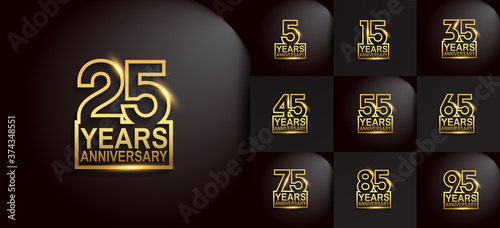 Anniversary logotype set with golden color on black background. vector design for celebration purpose, greeting, invitation card and special event