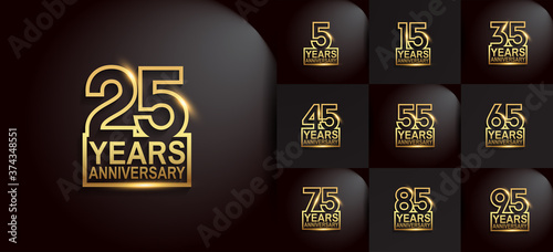 Anniversary logotype set with golden color on black background. vector design for celebration purpose, greeting, invitation card	and special event