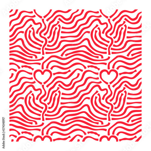 Seamless pattern of red lines waves and flowers hearts.