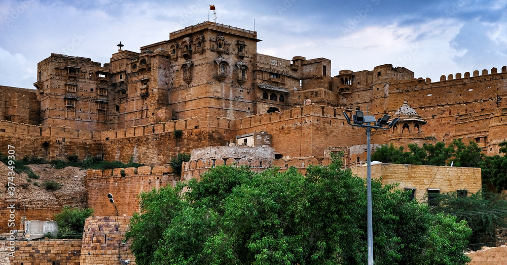 Jaisalmer, India - August 2020: Facade of the Jaisalmer Fort Palace on August 20, 2020 in Jaisalmer, Rajasthan, India.
