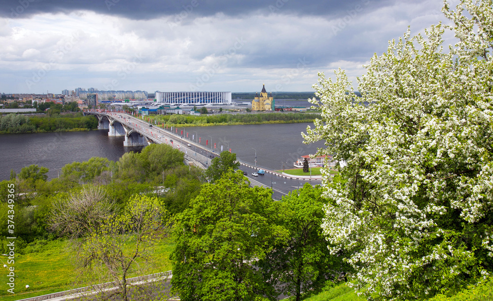Spring view of Nizhny Novgorod in flowering trees