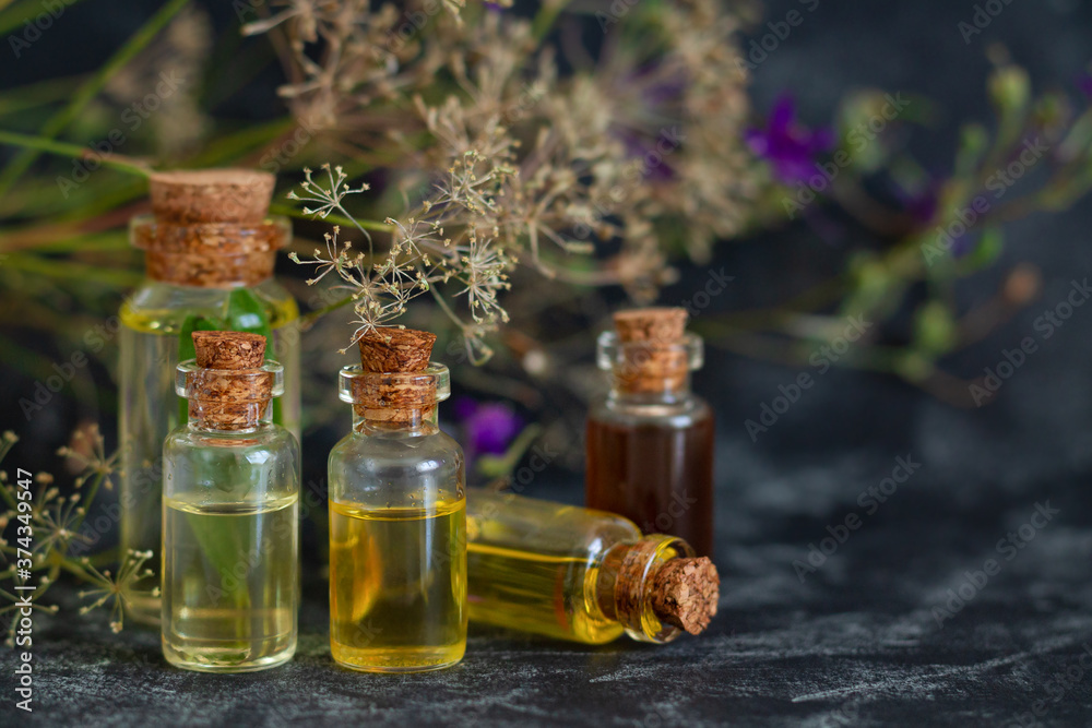 Aromatherapy, spa, massage, skin care and alternative medicine concept. Herbal essential oils in glass bottles Aromatherapy, spa, massage, skin care and alternative medicine concept. Herbal essential oils in glass bottles