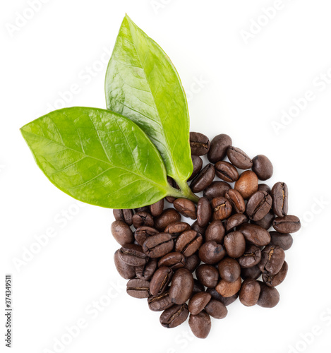 coffee beans with green leaves isolated on a white background, top view