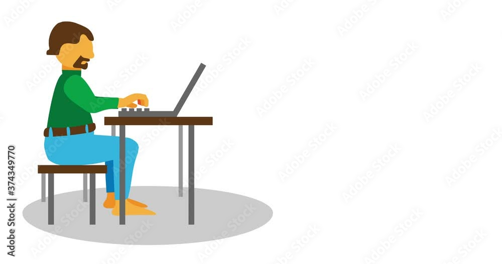 A man sits at a table and prints on a laptop. resolution working from home, desk job illustration footage. A man sits at a table and prints on a laptop. resolution working from home, desk job illustration footage.