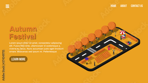 spring festival landing page with isometric autumn or fall season landscape illustration. web interface ui ux invitation
