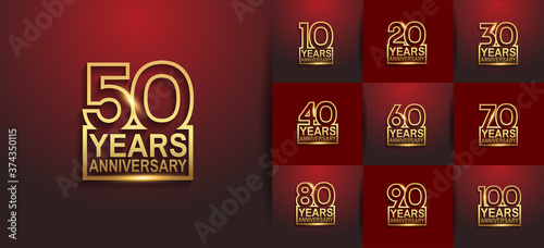 Anniversary logotype set with golden color on red background. vector design for celebration purpose, greeting, invitation card and special event