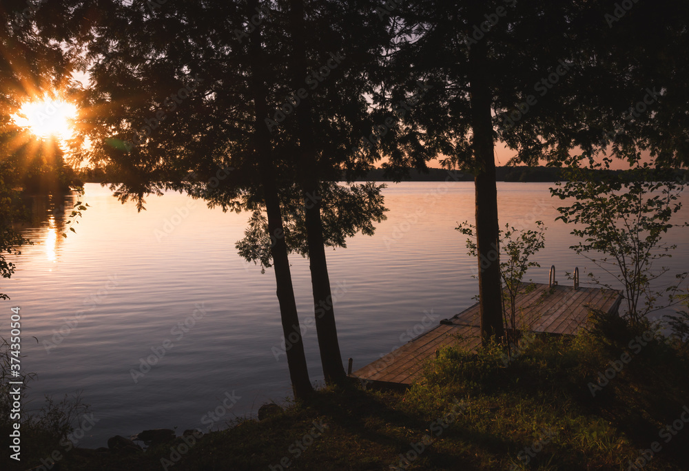 Fototapeta premium Dock and trees at sunset on lake