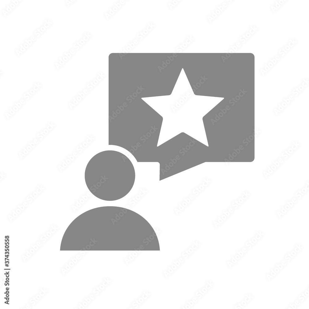 Human with star in speech bubble gray icon. Customer review, feedback, add to favorites symbol Human with star in speech bubble gray icon. Customer review, feedback, add to favorites symbol