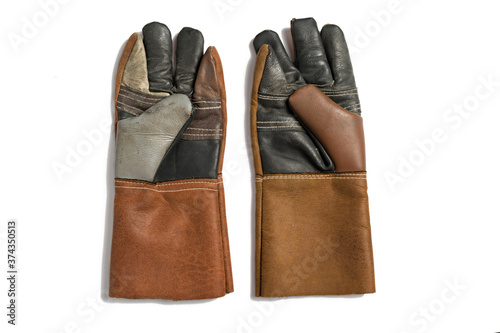 close-up brown glove leather isolated white .background