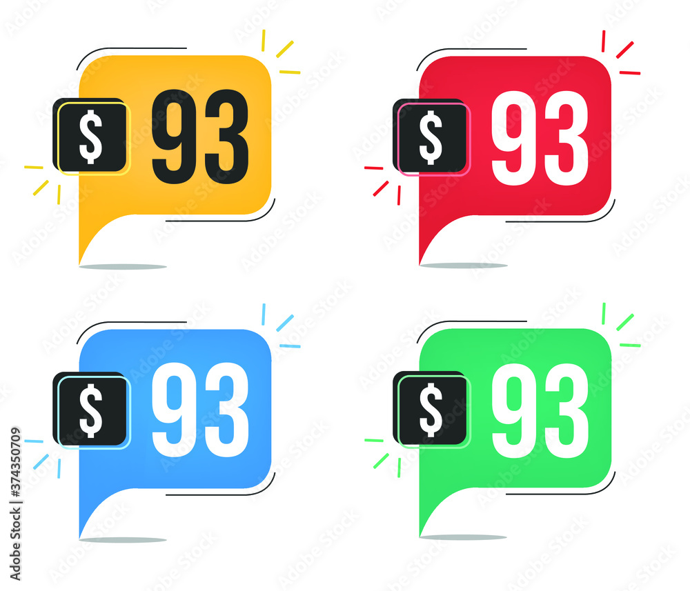 93 dollar price. Yellow, red, blue and green currency tags with speech balloon concept vector. 93 dollar price. Yellow, red, blue and green currency tags with speech balloon concept vector.