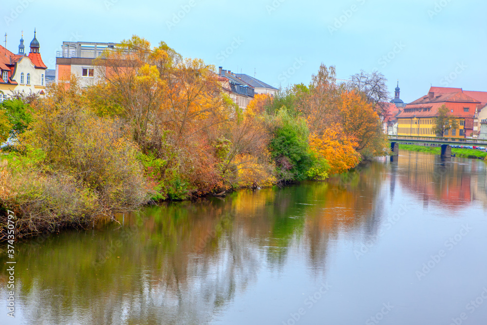 Autumn Scenery with Regnitz River in Bamberg Germany 