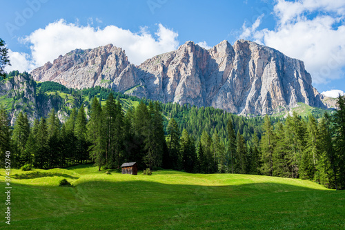 Isolated mountain hut surrounded by green meadows during summer. High Dolomite peaks of Italian Alps are visible in the background. Val Badia - South Tyrol, Italy