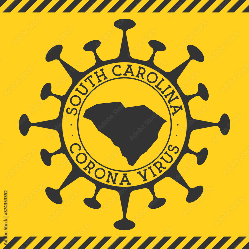 Corona virus in South Carolina sign. Round badge with shape of virus and South Carolina map. Yellow us state epidemy lock down stamp. Vector illustration.