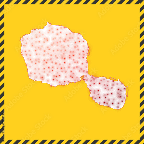 Tahiti closed - virus danger sign. Lockdown island icon. Black striped border around map with virus spread concept. Vector illustration.