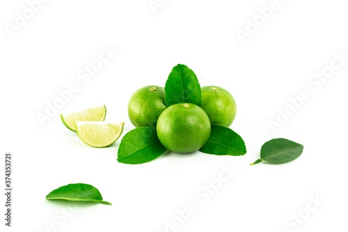fresh lime. Green leaf lime isolated on white background. © Suprachai