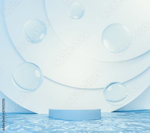 3d rendering floating podium and water drops above blue ocean. Minimal light blue color scheme. Moisturizer cosmetic product concept. 