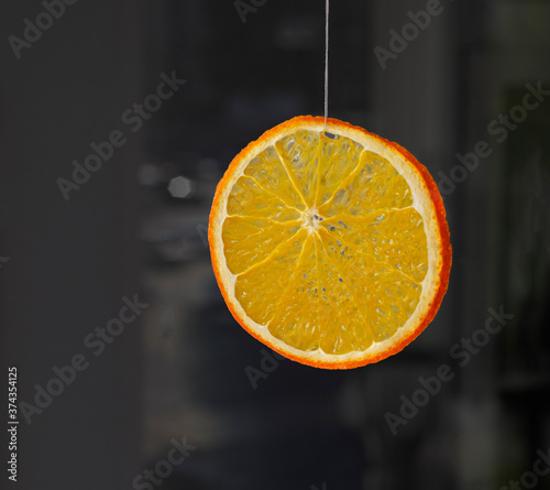  Dried Orange decoration. An orange orange circle hanging on a thread. Copy space for text.