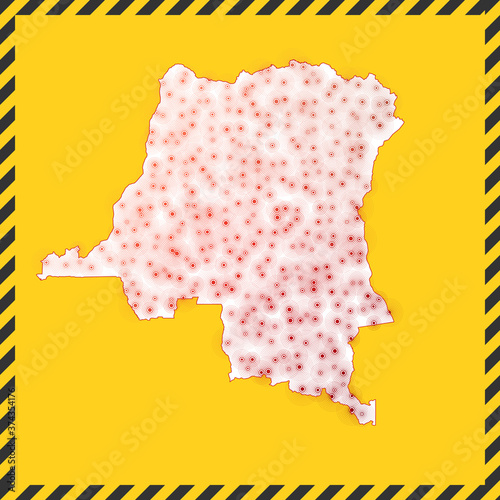DR Congo closed - virus danger sign. Lockdown country icon. Black striped border around map with virus spread concept. Vector illustration.
